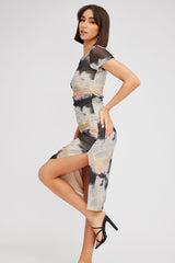 Brown Abstract Midi Dress Short Sleeve Bodycon Mesh