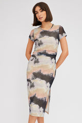 Brown Abstract Midi Dress Short Sleeve Bodycon Mesh