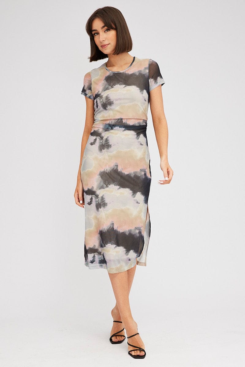 Brown Abstract Midi Dress Short Sleeve Bodycon Mesh