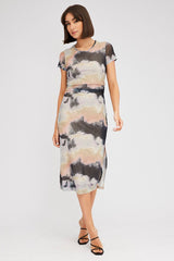 Brown Abstract Midi Dress Short Sleeve Bodycon Mesh