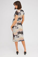 Brown Abstract Midi Dress Short Sleeve Bodycon Mesh