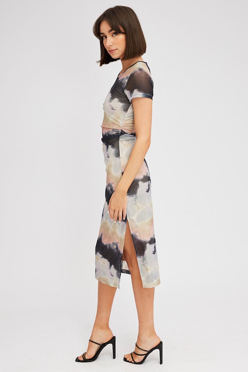 Brown Abstract Midi Dress Short Sleeve Bodycon Mesh