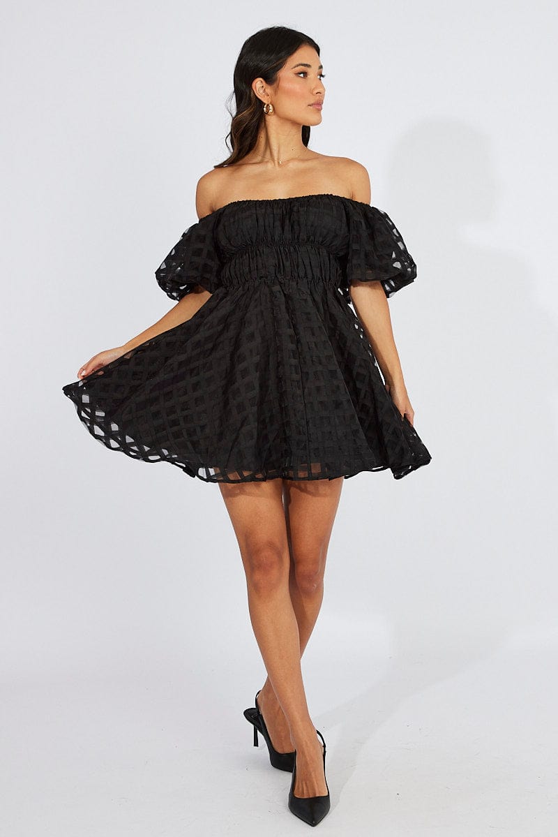 Black Fit And Flare Dress Puff Sleeve Mini