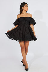 Black Fit And Flare Dress Puff Sleeve Mini