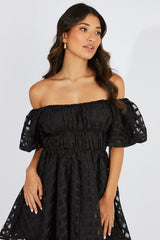 Black Fit And Flare Dress Puff Sleeve Mini
