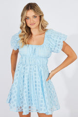 Blue Fit And Flare Dress Puff Sleeve Mini