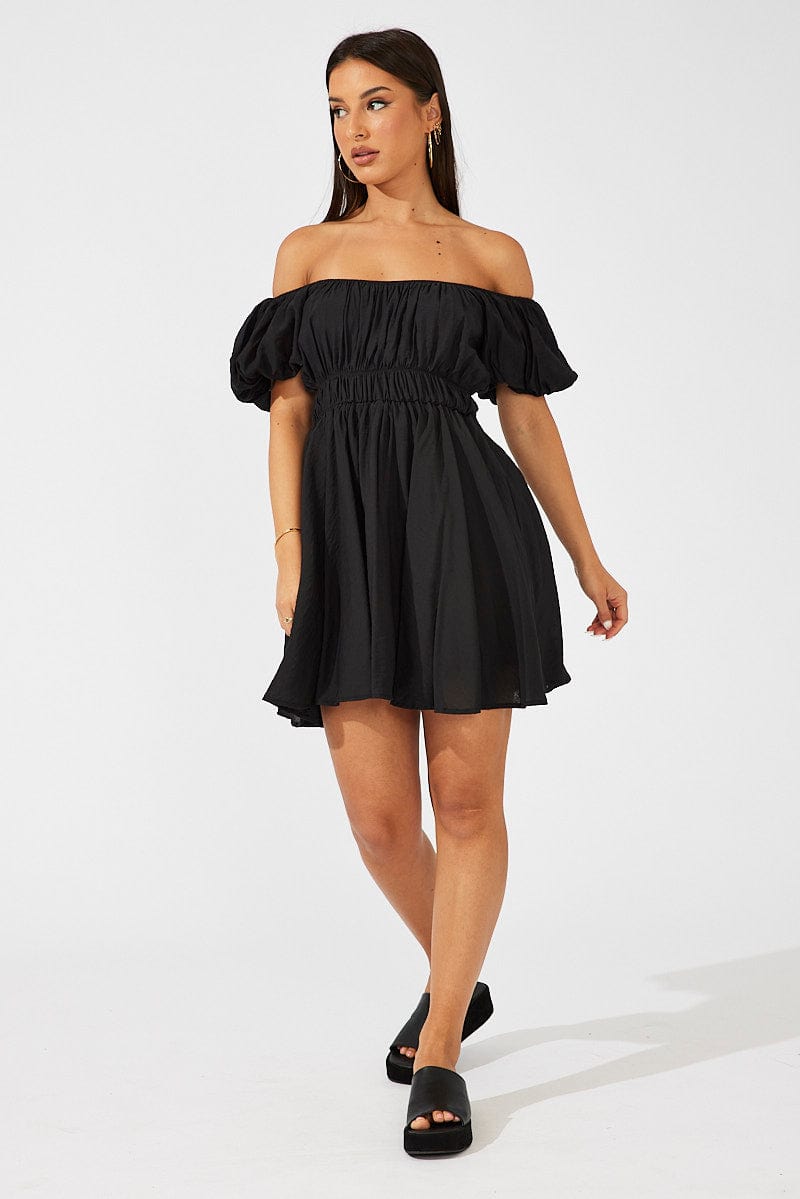 Black Fit and Flare Dress Short Sleeve Ruched