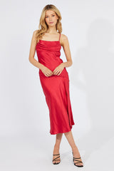 Red Satin Dress Cocktail Split Side Strappy