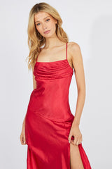 Red Satin Dress Cocktail Split Side Strappy