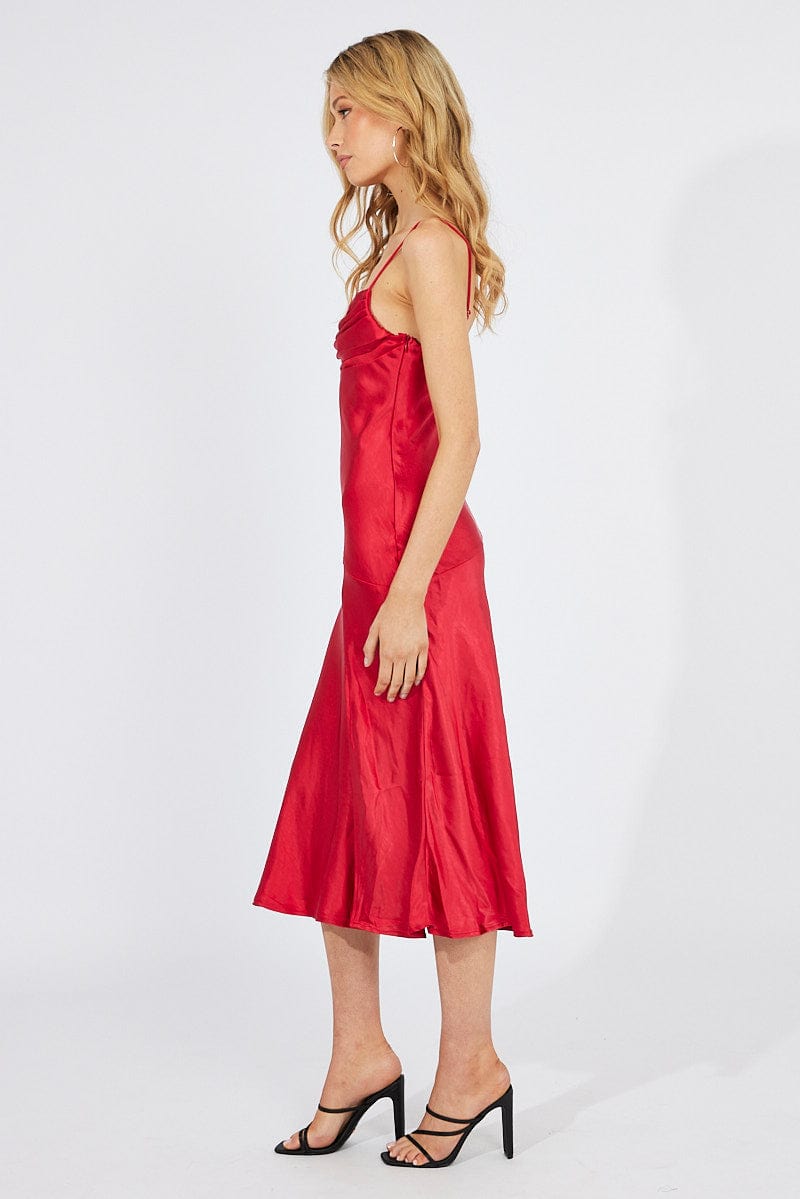Red Satin Dress Cocktail Split Side Strappy