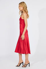 Red Satin Dress Cocktail Split Side Strappy