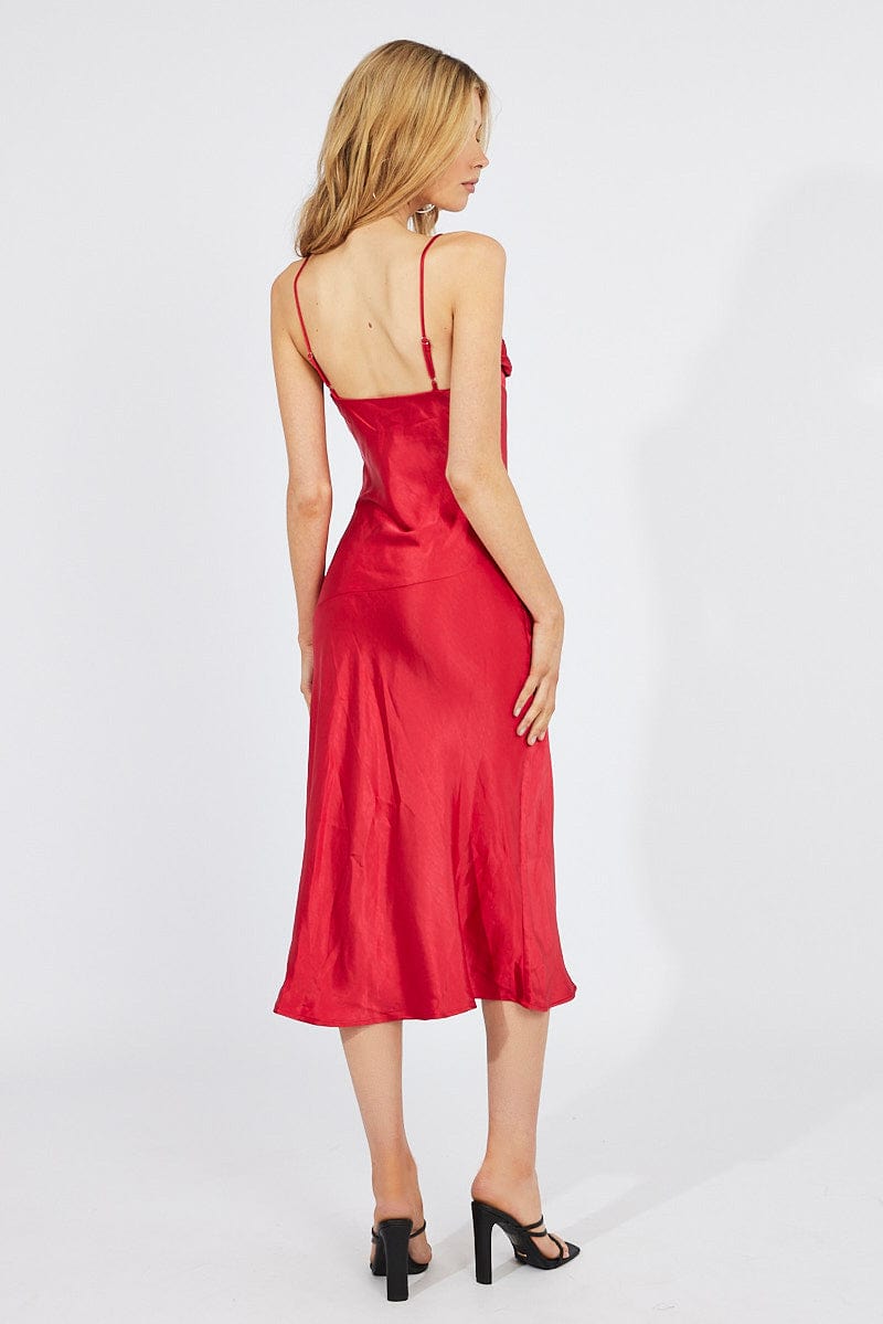 Red Satin Dress Cocktail Split Side Strappy