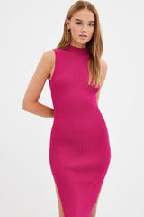 Pink Midi Dress High Neck Knit