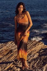 Brown Abstract Maxi Dress Sleeveless Mesh