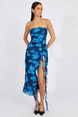 Black Floral Ruffle Dress Strapless Mesh