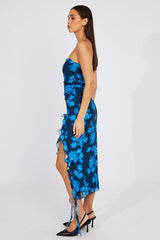 Black Floral Ruffle Dress Strapless Mesh