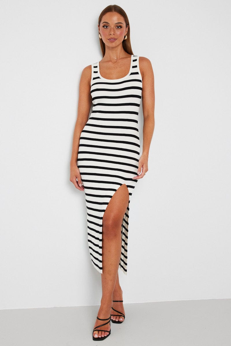 White Stripe Knit Dress Sleeveless Side Split