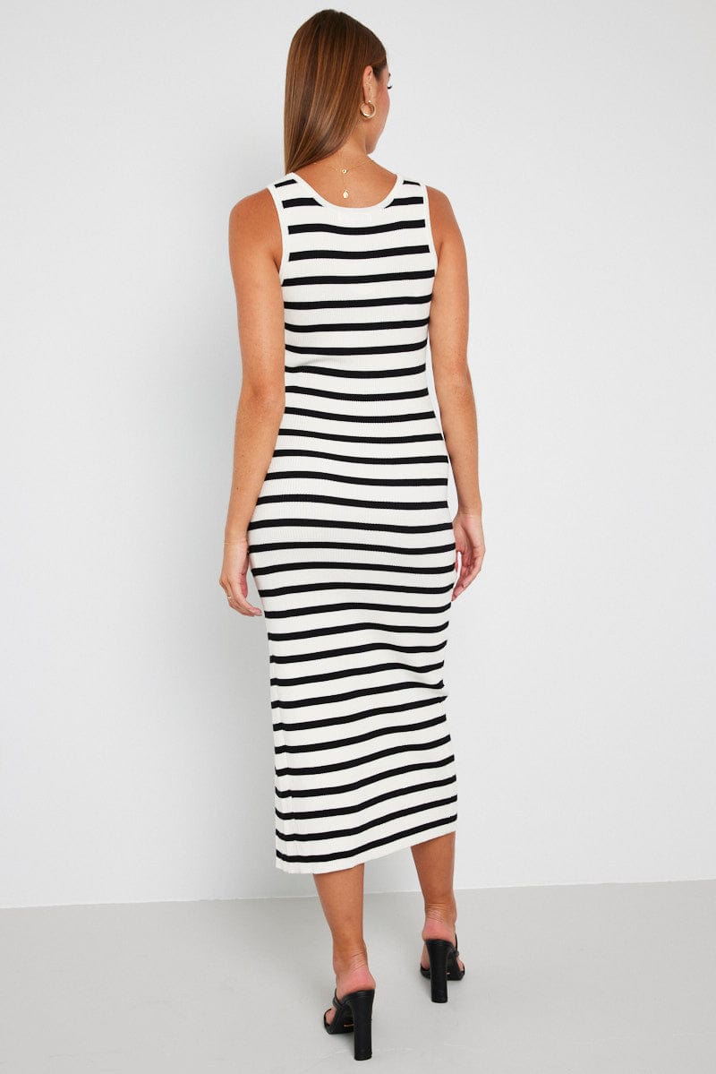 White Stripe Knit Dress Sleeveless Side Split