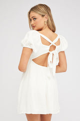 White Fit and Flare Dress Short Sleeve Tie Back Babydoll