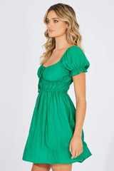 Green Fit and Flare Dress Short Sleeve Ruched