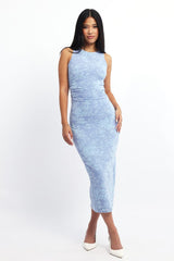 Blue Bodycon Dress Round Neck Sleeveless Burnout