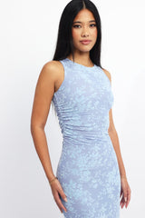 Blue Bodycon Dress Round Neck Sleeveless Burnout