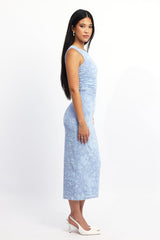 Blue Bodycon Dress Round Neck Sleeveless Burnout