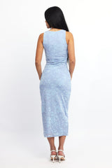 Blue Bodycon Dress Round Neck Sleeveless Burnout