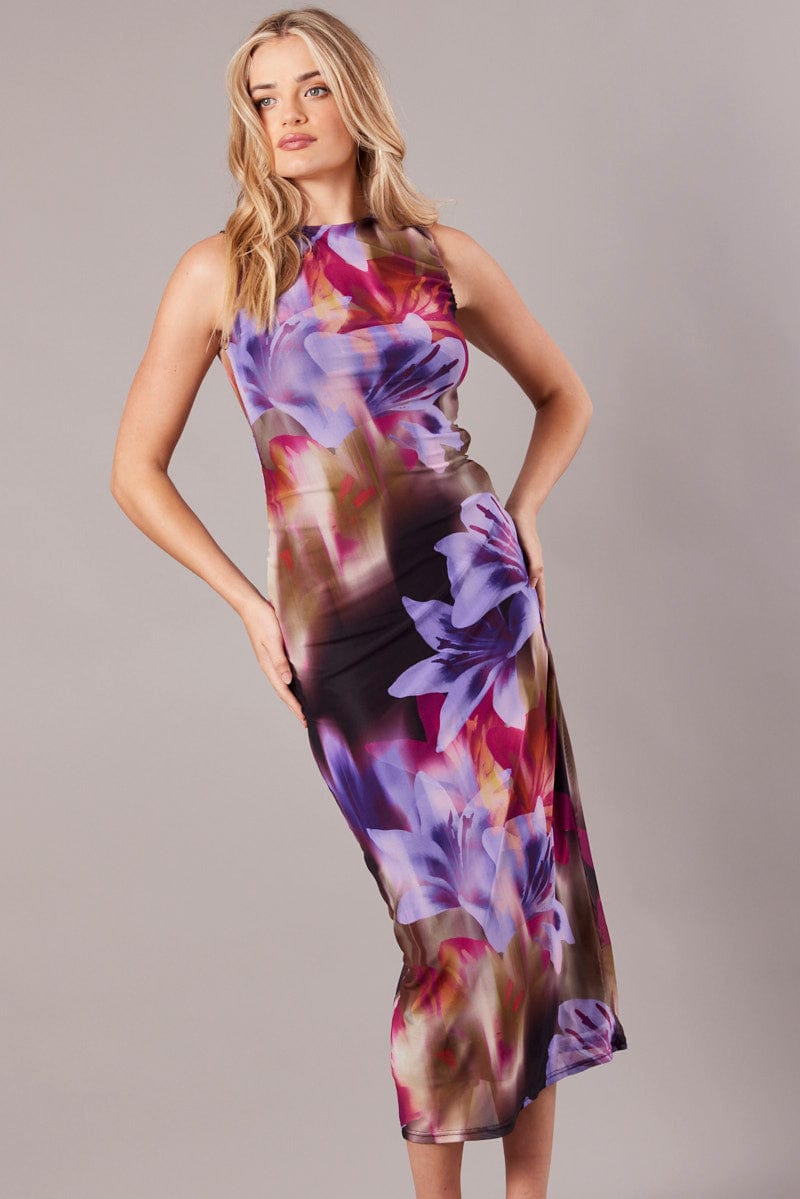 Multi Floral Bodycon Dress Round Neck Sleeveless Mesh