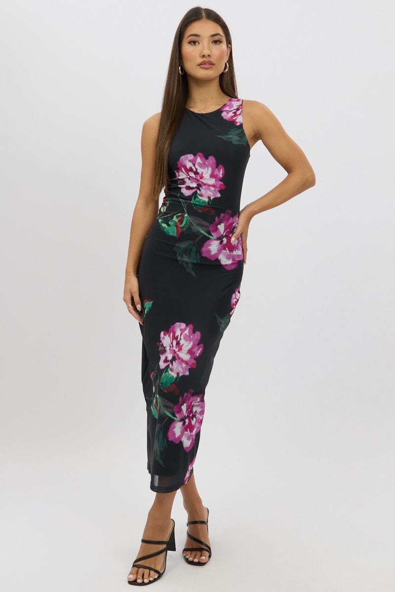 Black Floral Bodycon Dress Sleeveless