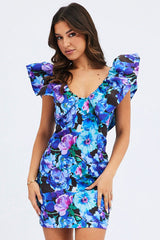 Multi Floral Ruffle Shoulder Plunging Statement Mini Dress