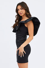 Black Ruffle Shoulder Plunging Statement Mini Dress