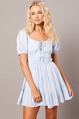 Blue Fit And Flare Dress Puff Sleeve Mini