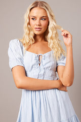 Blue Fit And Flare Dress Puff Sleeve Mini