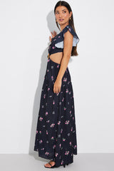 Black Floral Maxi Dress Flutter Ruffle Shoulder Buckle Dress