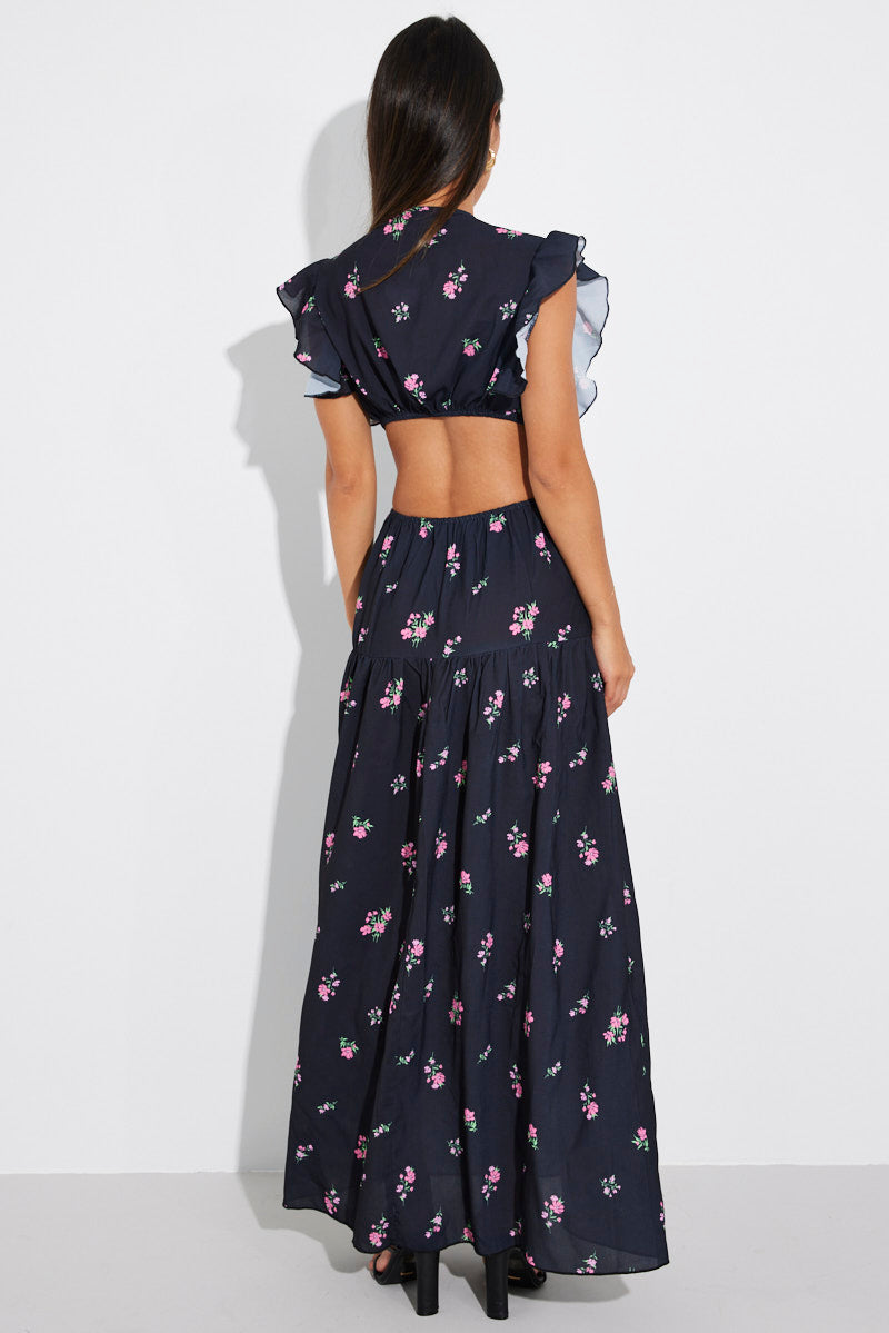 Black Floral Maxi Dress Flutter Ruffle Shoulder Buckle Dress
