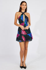 Black Floral Keyhole Mini Dress Plunging Ruffle Dress