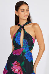 Black Floral Keyhole Mini Dress Plunging Ruffle Dress