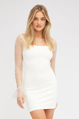 White Bodycon Dress Beaded Embellished Bell Mesh Sleeve