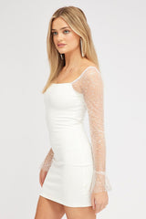 White Bodycon Dress Beaded Embellished Bell Mesh Sleeve