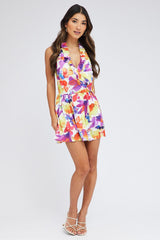 Multi Floral Ruffle Dress Halter Neck Watercolour Print
