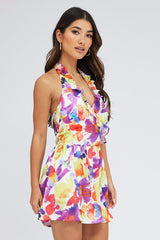 Multi Floral Ruffle Dress Halter Neck Watercolour Print