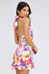 Multi Floral Ruffle Dress Halter Neck Watercolour Print