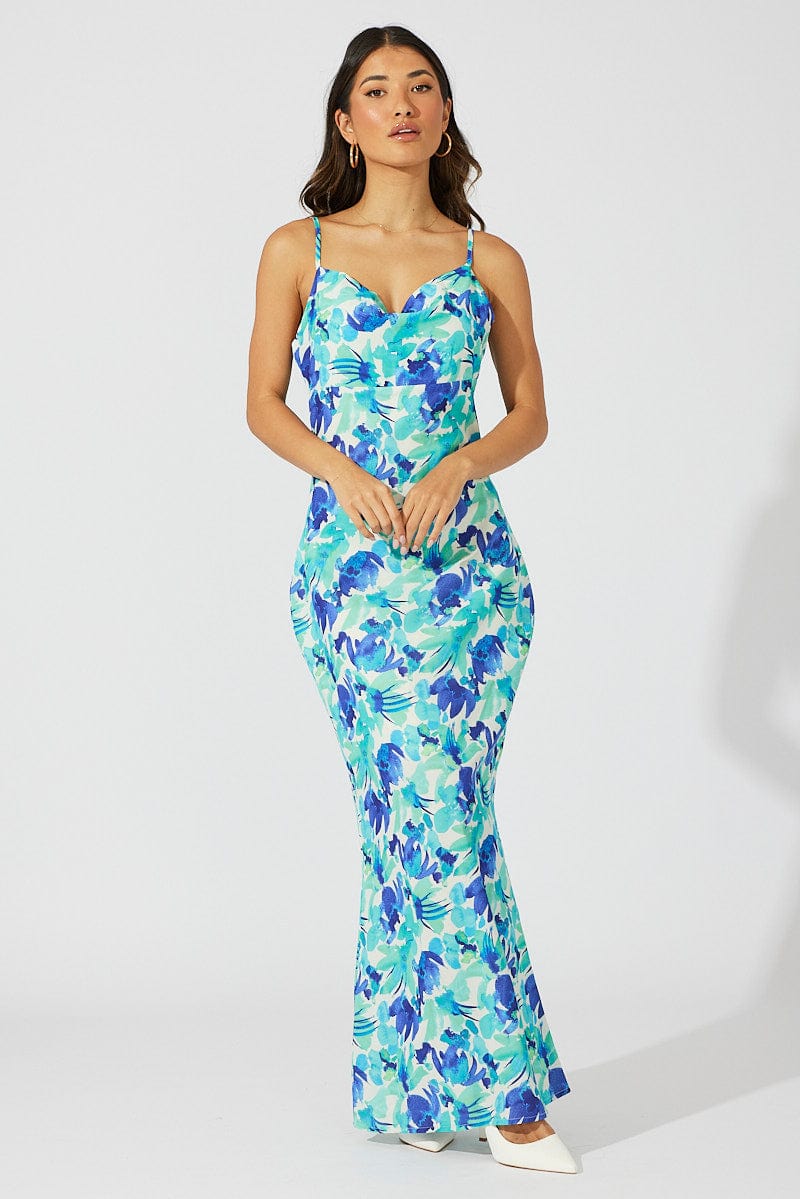 Green Floral Maxi Dress Slip Cami Watercolour Print