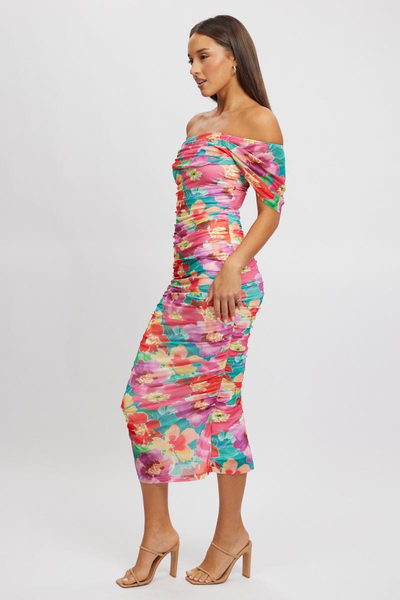 Multi Floral Bodycon Dress Mesh