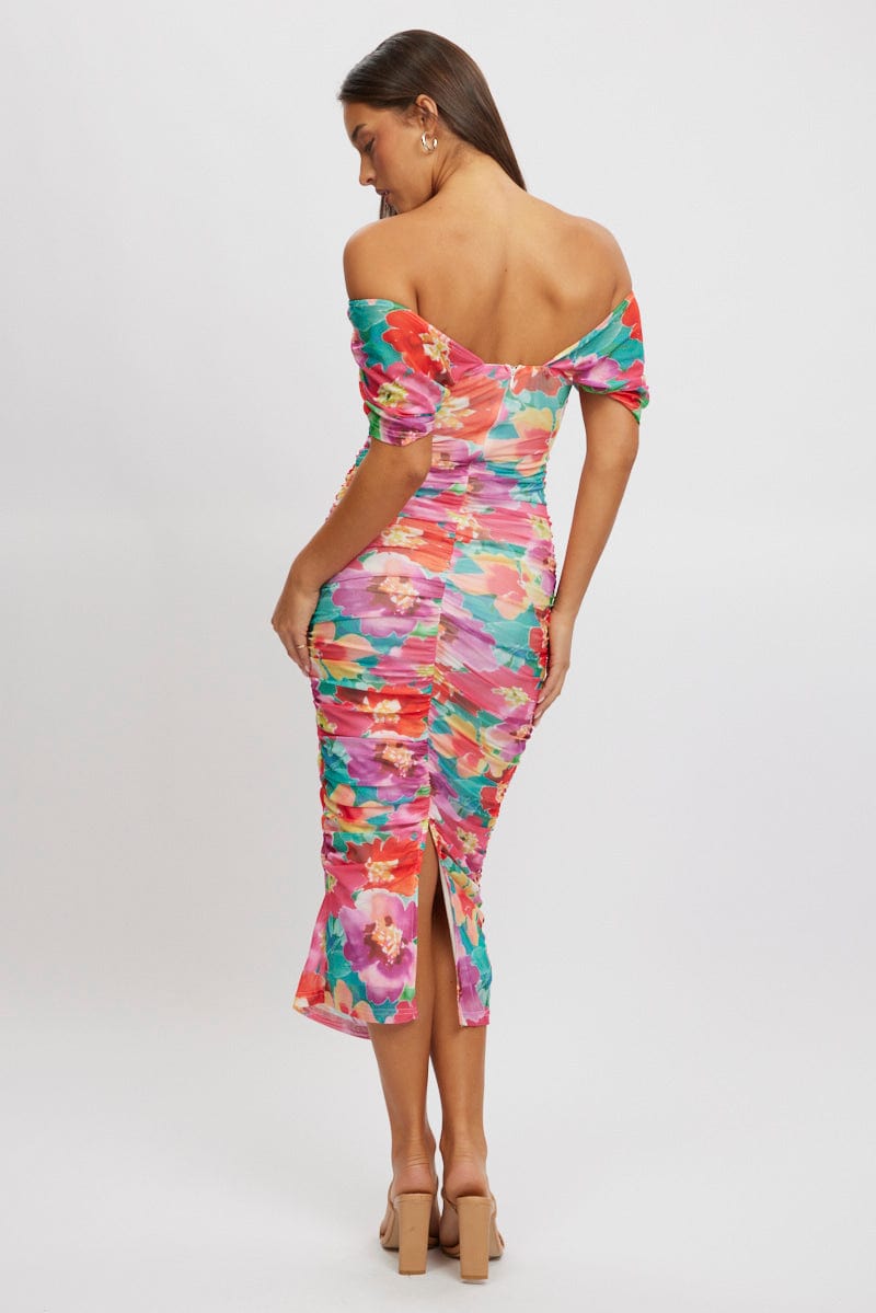 Multi Floral Bodycon Dress Mesh