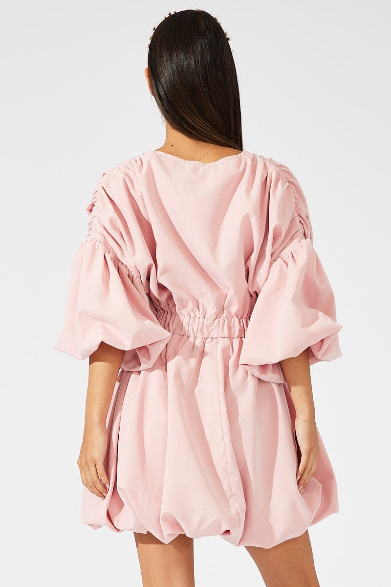 Pink Puffball Dress Statement Plunge Mini Dress