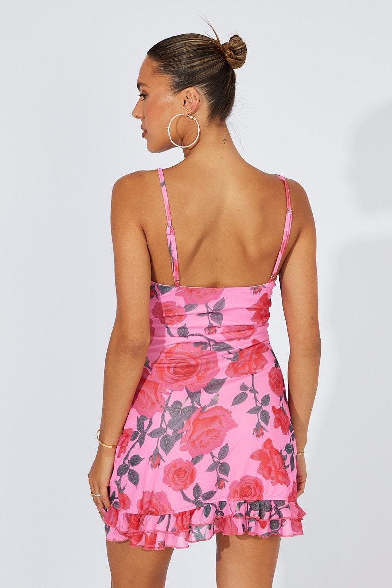 Multi Floral Mini Dress Strappy Ruffle Keyhole Detail