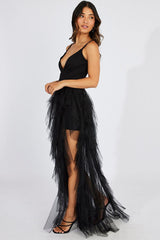 Black Tulle Maxi Dress Tiered Ruffles Plunging Dress