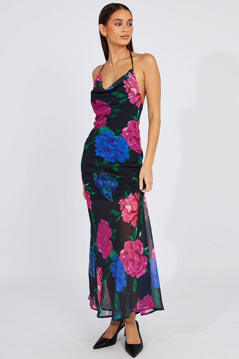 Black Floral Bouquet Maxi Halter Neck Mermaid Maxi Dress